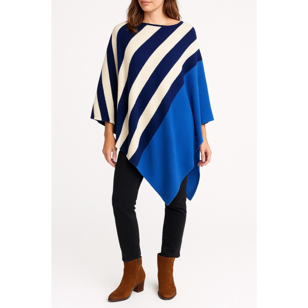 Blue White Color Block Striped 100% Cashmere‎ Poncho by Kinross Cashmere One Sz